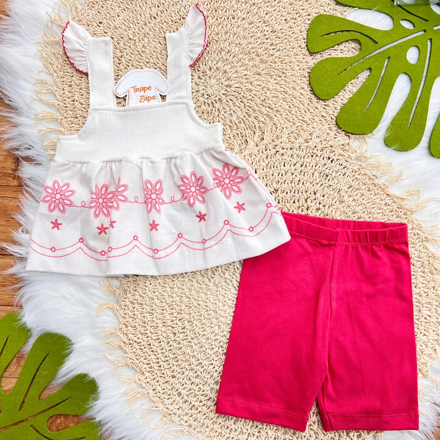 Conj. Batinha Flores com Alcinha e Short Legging - Areia e Cereja
